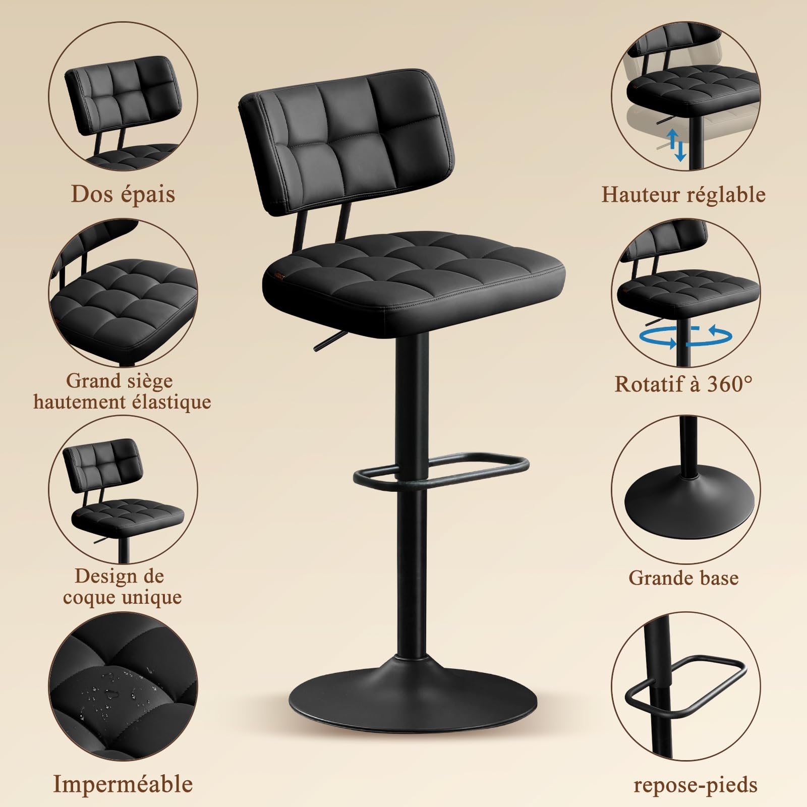 Lot de 2 Tabourets de Bar Noir - Bar Réglables en Hauteur Modernes, Chaise de Bar Chaise Haute Bar- Tabouret Ilot Central Cuisine, avec Dossier et Repose-Pieds, Salle à Manger, PU