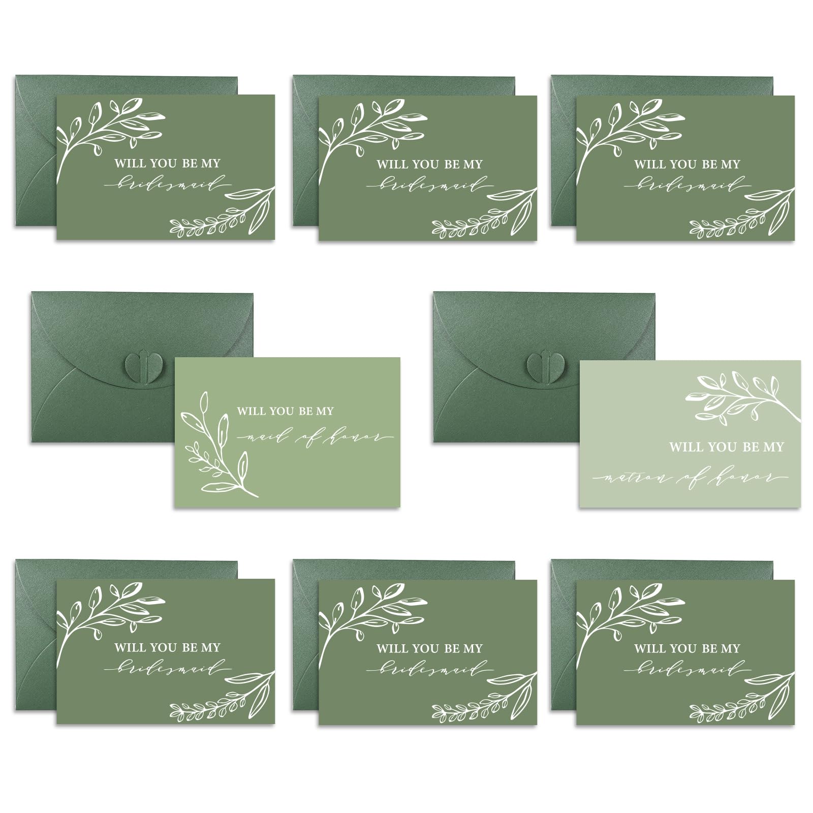 JarThenaAMCS Will You Be My Bridesmaid Cards Watercolor Green Floral Bridal Proposal Cards with Envelopes Matron of Honor Invitation Cards for Bridal Shower Wedding Supplies, 4 x 6 Inch, 8Pcs