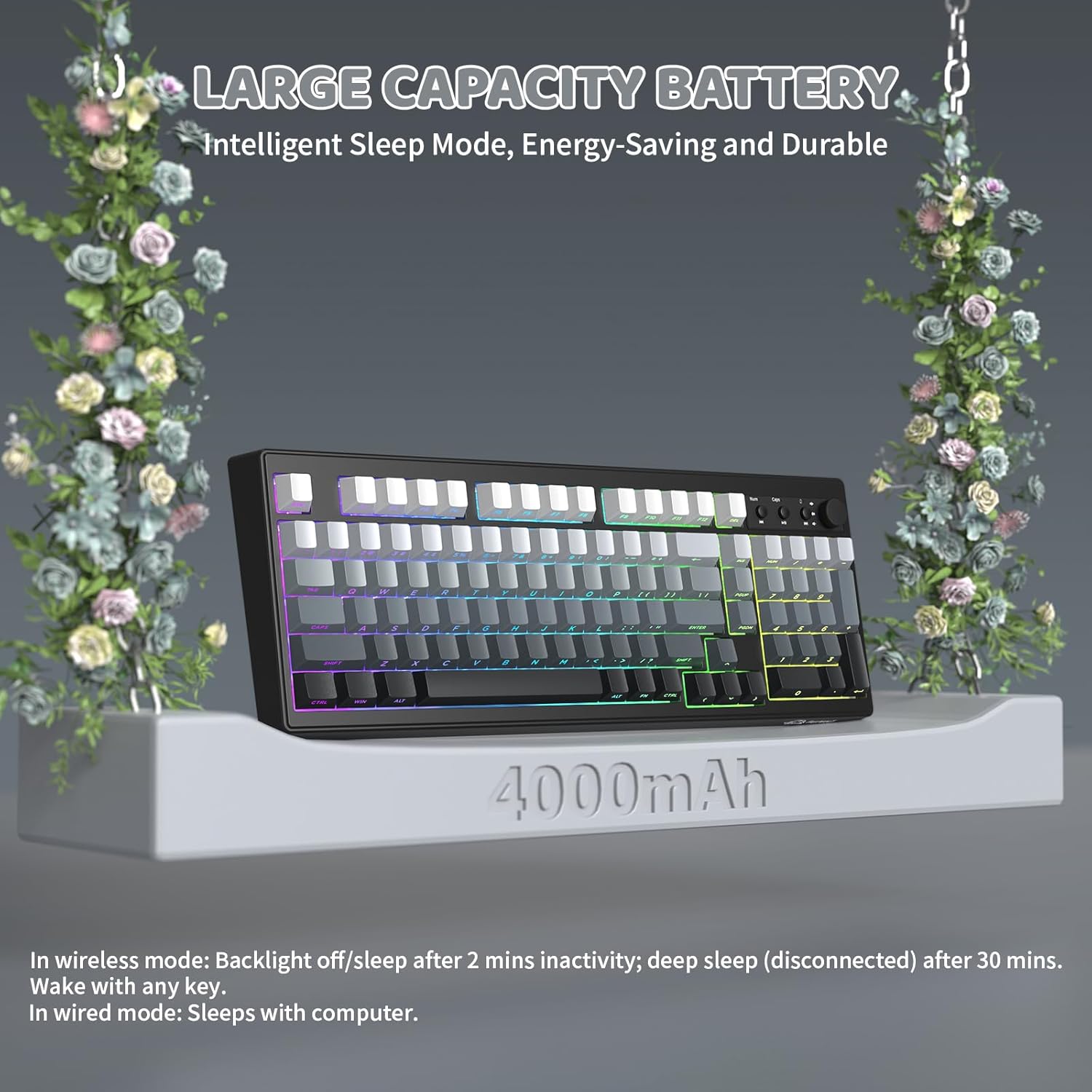 FREEWOLF K100 99 Keys Gaming Creamy Silent Wireless Keyboard with Media Knob,BT/2.4GHz/USB-C,Side Printed Keys RGB Backlit Number Pad,Retro Cute Membrane Computer Keyboard for PC/MAC-Gradient Black