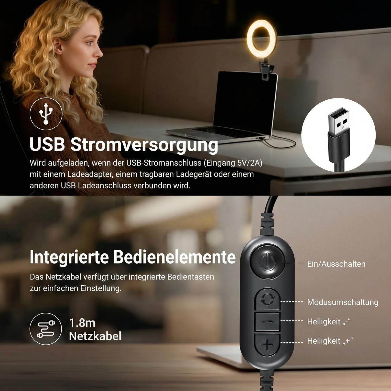 NEEWER BASICS 5" Ringlicht mit Klemme und Mini Stativ, 10W 3000k-6000K Dimmbares Ansteckleuchte für Laptop Computer Monitor Videokonferenzen Selfie, Vlog Makeup, Live Streaming, Videoaufnahmen, BR60