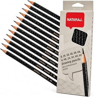 Nataraj Drawing Pencils Set, 12 Assorted Graphite Grades – B to 6B and H to 6H, Artist Sketching Pencils for Drawing, Shading, Blending, Detailing and Technical Work