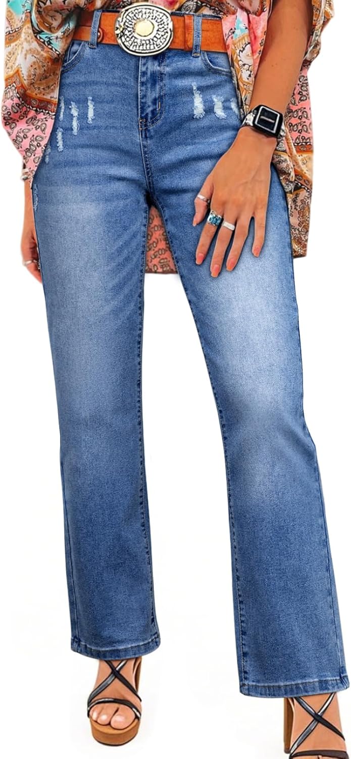 SHEWIN Straight Leg Jeans for Women Trendy High Rise Tapered Flare Jeans Stretchy Wide Leg Ankle Denim Pants with Pockets