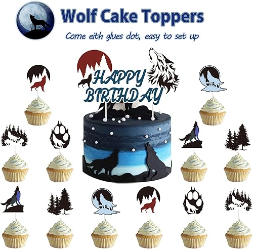 Miniatura 5 de Decoraciones de fiesta de cumpleaños de lobo, suministros de fiesta de lobo con pancarta de feliz cumpleaños, letrero de guirnalda de lobos,