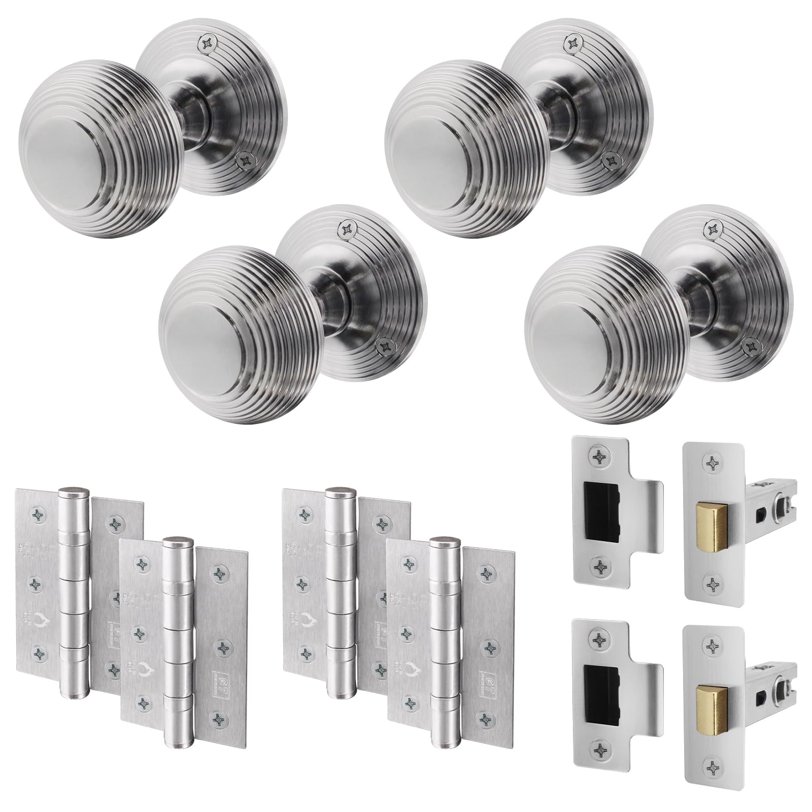 EAI Satin Chrome Door Knobs with Latch 76mm and Hinges, 2 Pack - Beehive