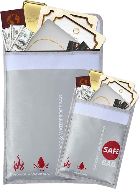 GEMEK Fireproof Document Bag 38 x 28cm & 23 x 18cm Set, Silicone Coated Fiberglass Money Bag Pouch Document Holder for File Cash Jewelry Passport Valuables (Silver)