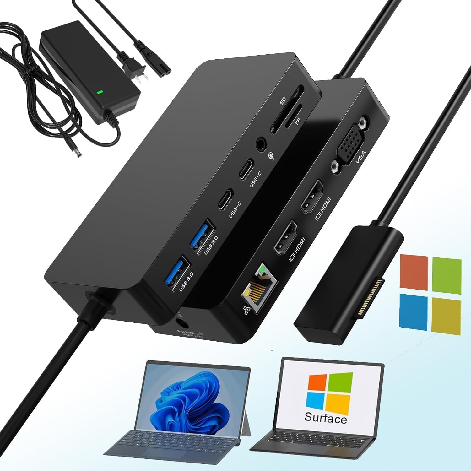 2025 Nuovo Surface Dock Triplo display doppio HDMI+VGA con adattatore di alimentazione, 12 in 1 Surface Docking Station per Surface Pro 11/10/9/8/X/7/6/5/4/3, Laptop 7/6/5/4/3/2/1