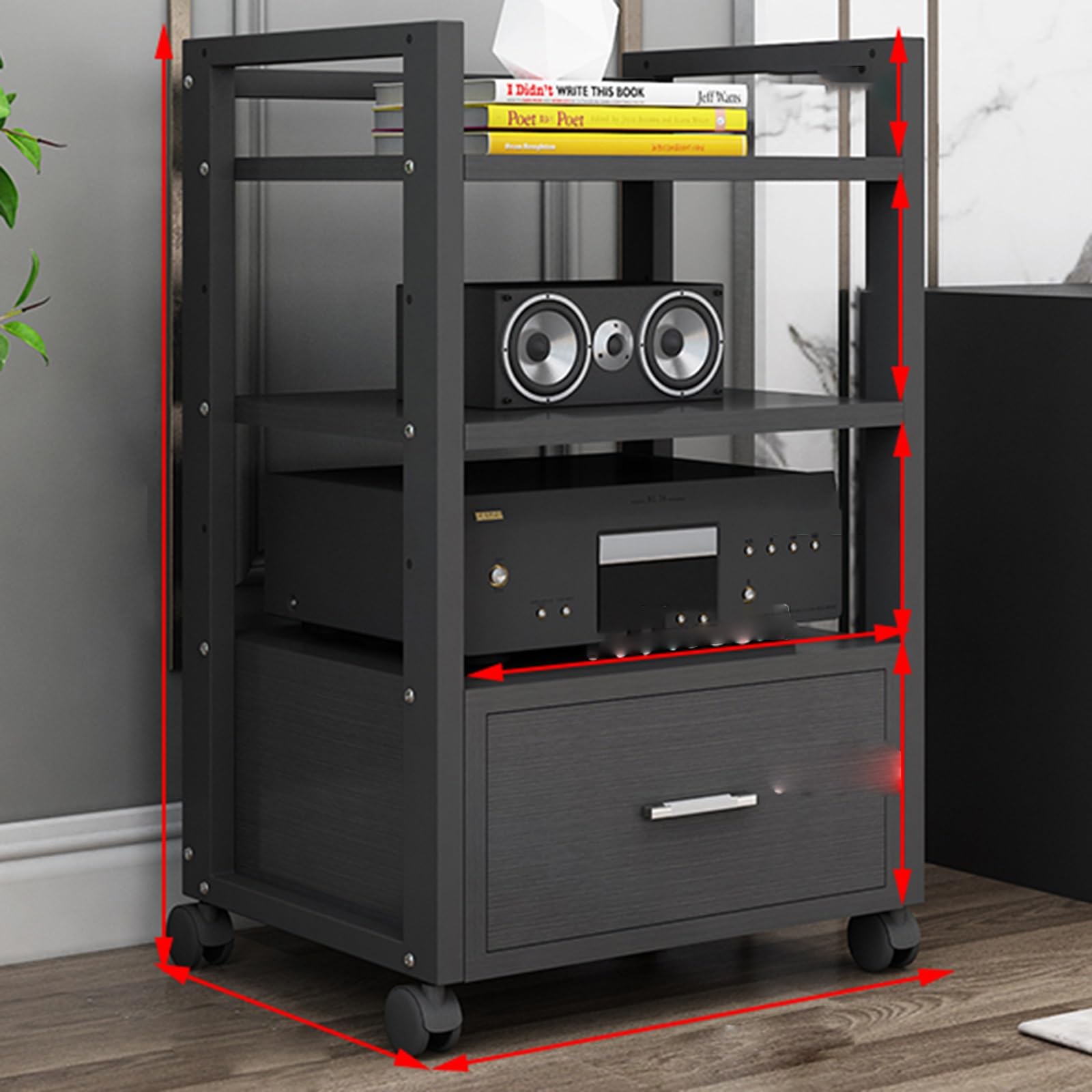 Support hifi mobile à niveaux réglables avec rack stéréo et tiroir spacieux