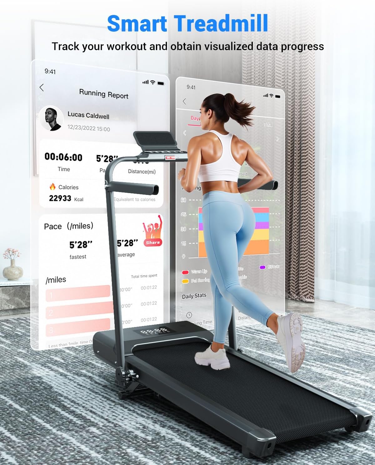 Superun Walking Pad Treadmill with Handle Bar, 300 LBS Capacity Treadmills for Home, 3.0HP Portable Under Desk Treadmill for Home Office with LED Display Remote APP Control