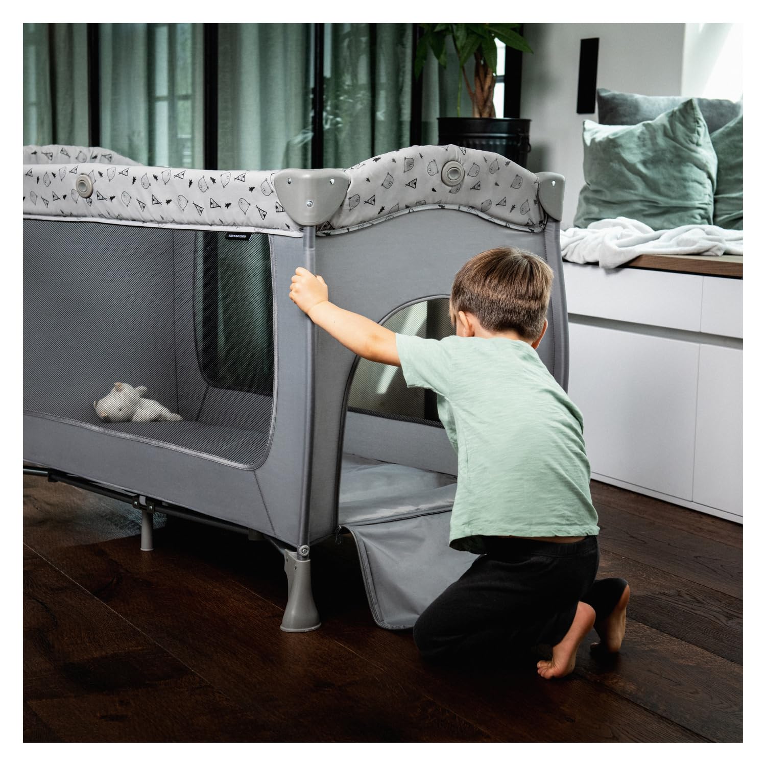 hauck Sleep N Play Center Cuna de Viaje Dos Alturas con Cambiador, Parque Infantil Bebe 120x60 cm, Parque Cuna Bebe, Cuna Viaje con Ruedas - Teddy Gris