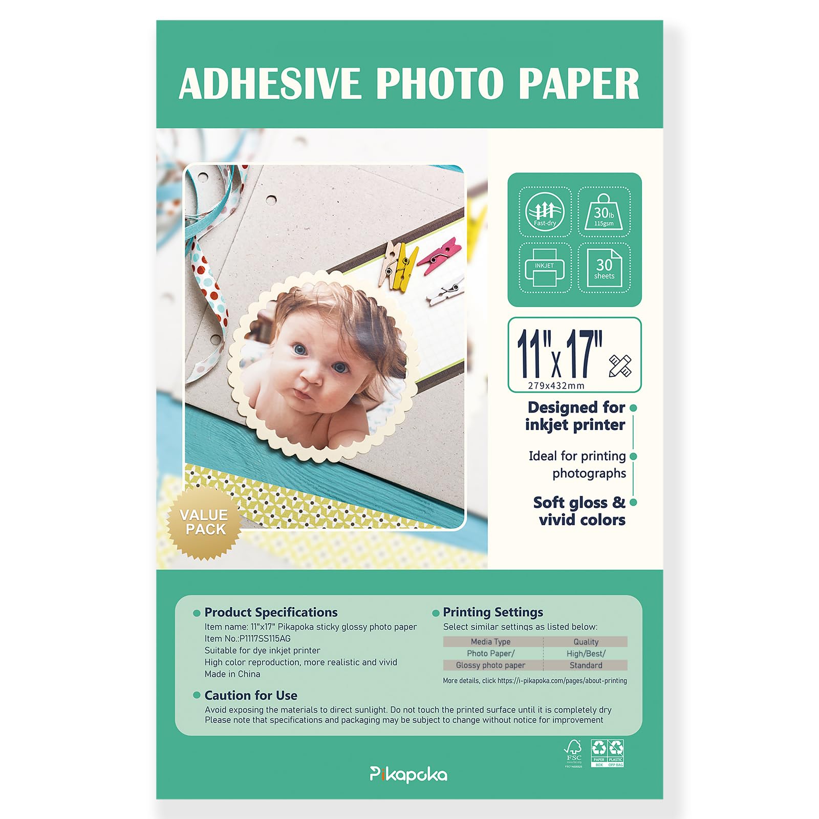 Carta fotografica autoadesiva, formato A3, lucida, per stampanti a getto d'inchiostro, 30 pezzi, 115 g/m² (P1117SS115AG)