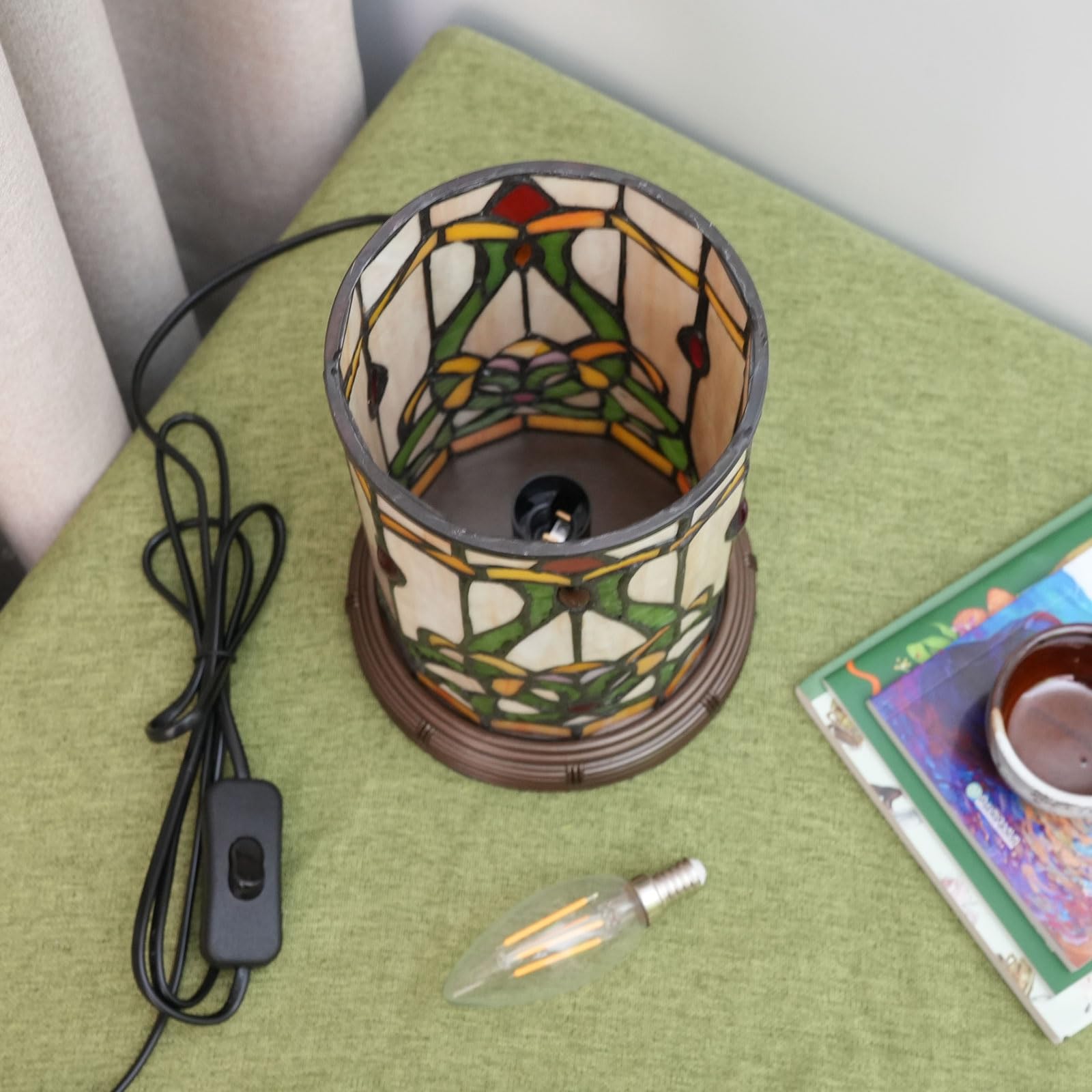 Tiffany styl matam witrażowa lampa stołowa do salonu, sypialni, stolik nocny, wazon, dekoracja, mała lampka nocna, urocza lampka dla dzieci, akcent, LED, cylindryczna, vintage, lampa biurkowa