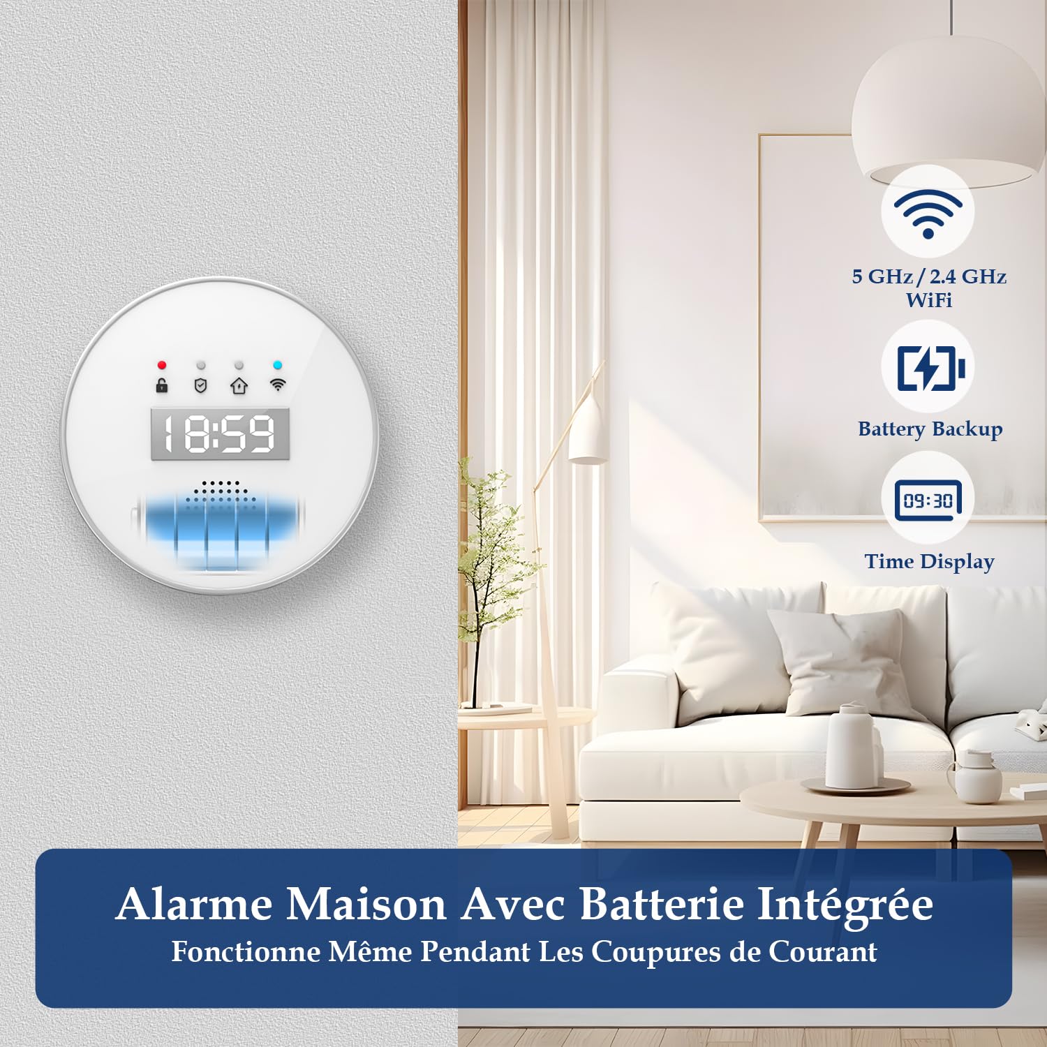 YISEELE Alarme Maison sans Fil: système de sécurité Wi-FI 5 GHz avec Horloge - 1 Sirène 125dB - 6 Capteurs Porte/Fenêtre - 2 Télécommandes - 1 Hub - Compatible Alexa & Google Home
