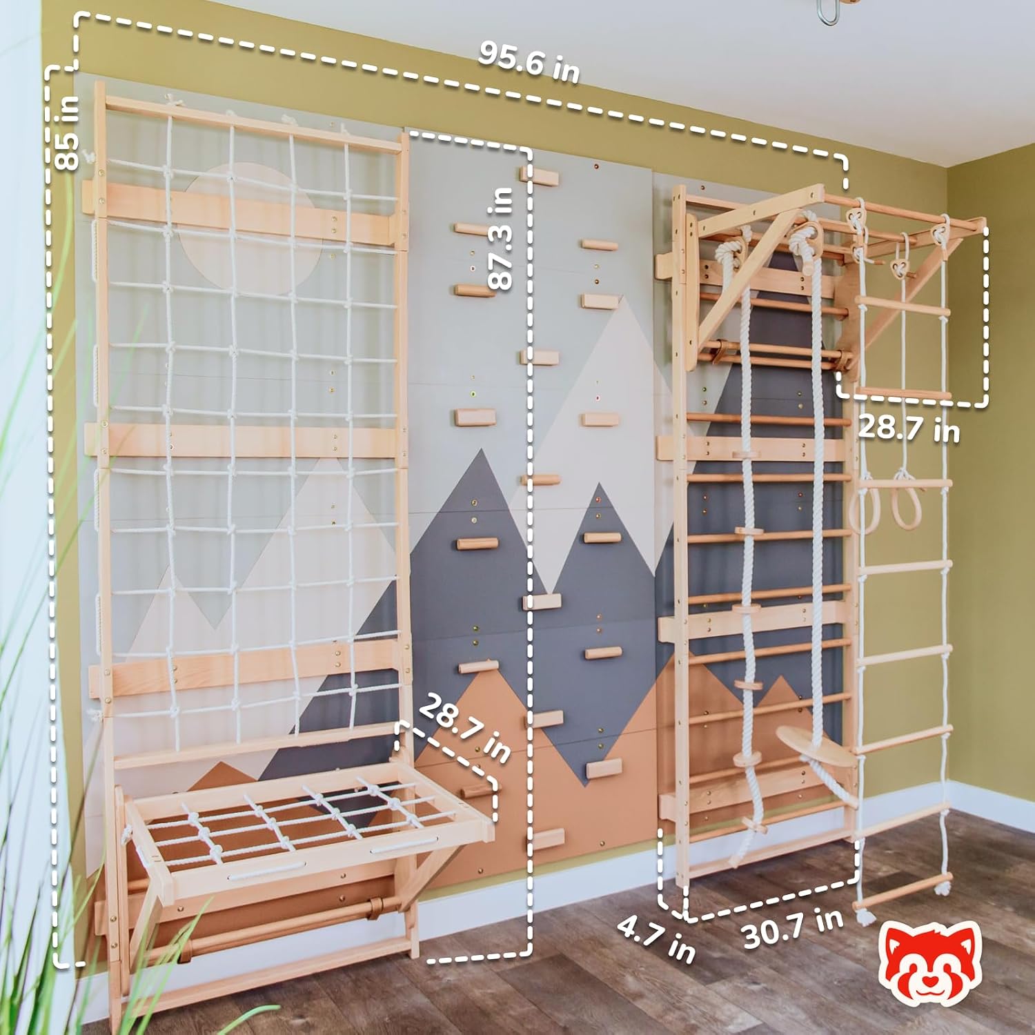 Wood And Hearts 8in1 Modular Swedish Wall Gym Set for Kids Indoor Active Play – Adjustable Pull-Up Bar, Rock Climbing Wall, Rope Accessories & Decorative Panels (Base Set+Rope Accessories+Sit-Up Bar)