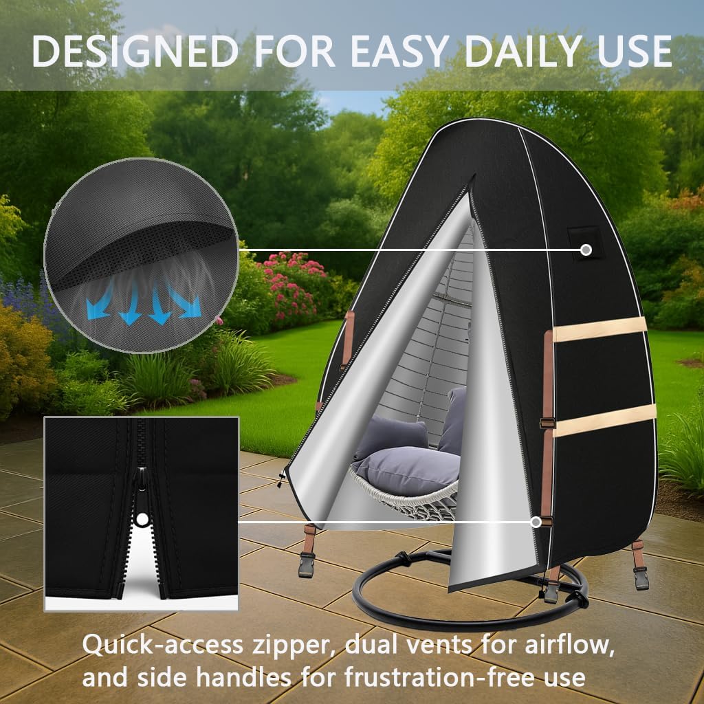 Outdoor Egg Chair Cover Waterproof – Single Seat Hanging Egg Chair Cover with Zipper ， 1200D Heavy Duty Covers for Patio Wicker Swing Chairs, 45"Lx38"Wx68"H