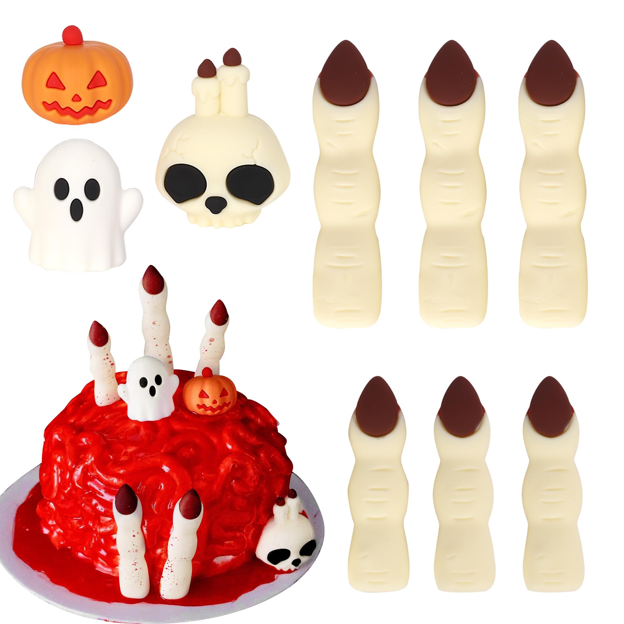 Xsstarmi Happy Halloween Cake Topper Decoration Set with Devil Pumpkin Ghost Horrible Skeleton Fingers Cake Pick for Baby Shower Kids Birthday Halloween Horrible Party DIY Cake Decorations Supplies