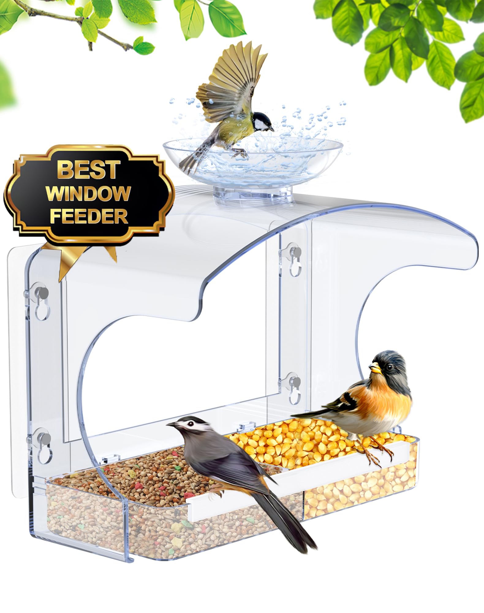 Goodeco Clear Window Bird Feeder - Outdoor Window Birdhouse Feeder with Strong Suction Cups, Bird Bath & Water Bowl for Outside Bird Watching - with a Brush, Easy to Clean, Ideal Gifts for Mom Parents