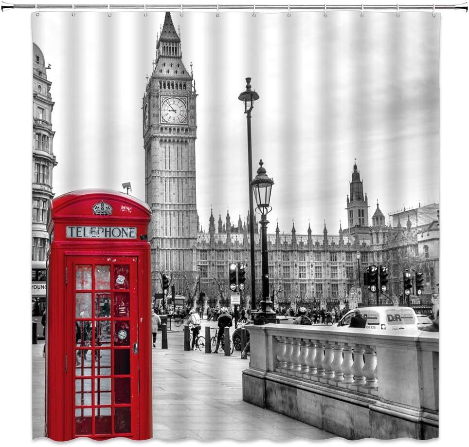 London Shower Curtain Red Telephone Booth Retro Romantic City Scenery Old Street Big Ben Vintage Building Picture Decor Fabric Bathroom Curtain 70X70 Inch with Hooks
