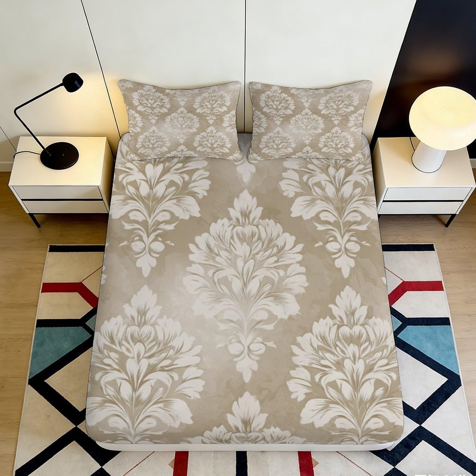 3D Printed Beige Damask Fitted Sheet Microfiber Non-Slip Floral Mattress Cover for Bedroom Guest Room Decor 90x200x25cm