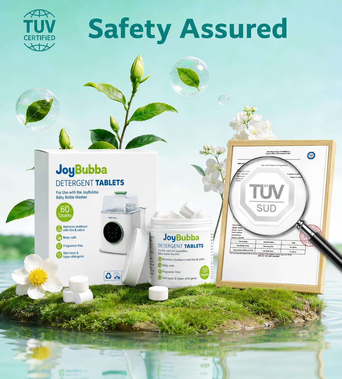 Bottle Washer Tablets, 60 Tabs – TUV Certified Baby-Safe, Non-Toxic & Hypo-Allergenic – Fragrance-Free Enzyme Detergent – Removes Milk Film & Odors from Bottles, Pump Parts & Accessories