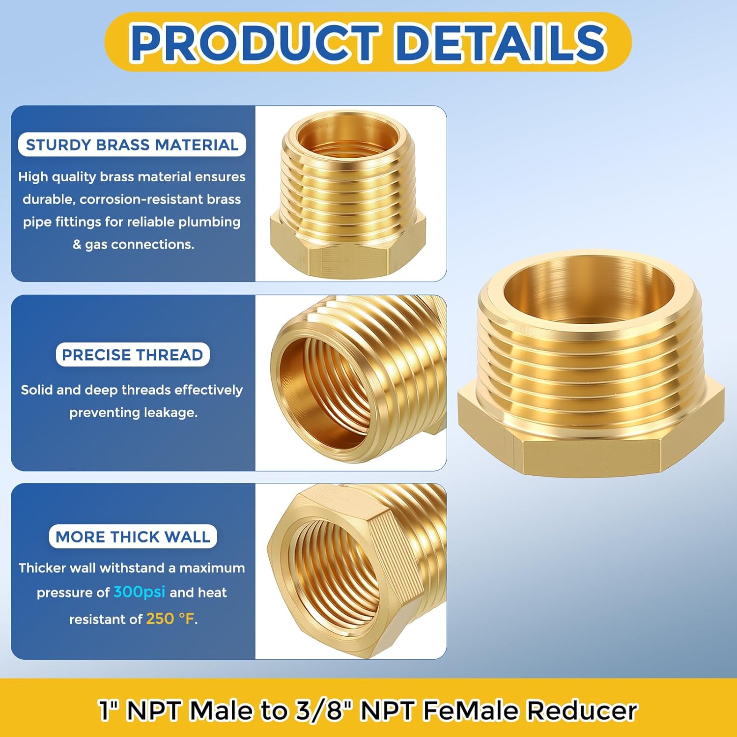 2 Pack Brass Pipe Fittings, 1" NPT Male to 3/8" NPT FeMale Brass Hex Bushing Reducer, Hose Tube Threaded Adapter for Air, Oil, LP