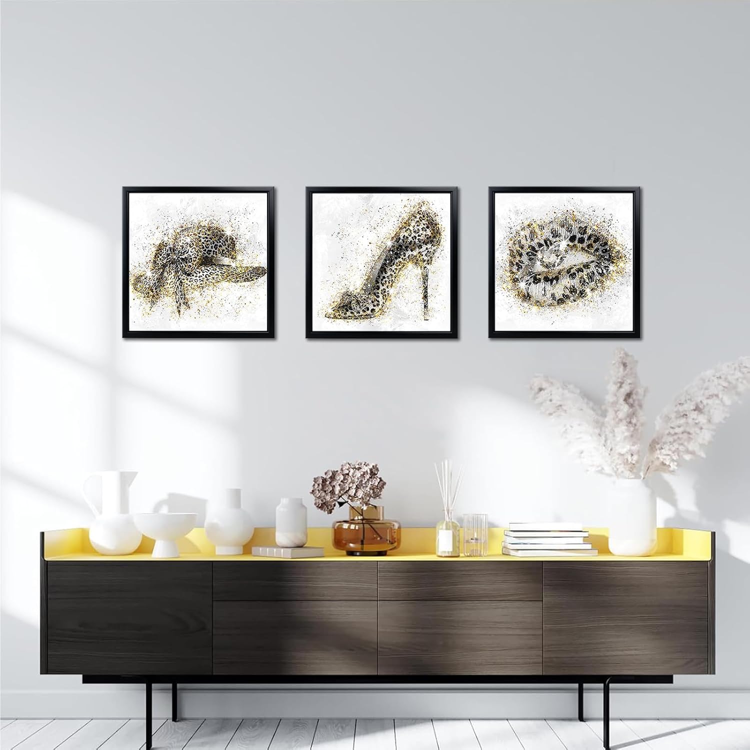 OuElegent Fashion Wall Art Set, 3 Piece Glam Glitter Canvas with Black Frame, Leopard Lips High Heel Hat Design, Modern Home Decor