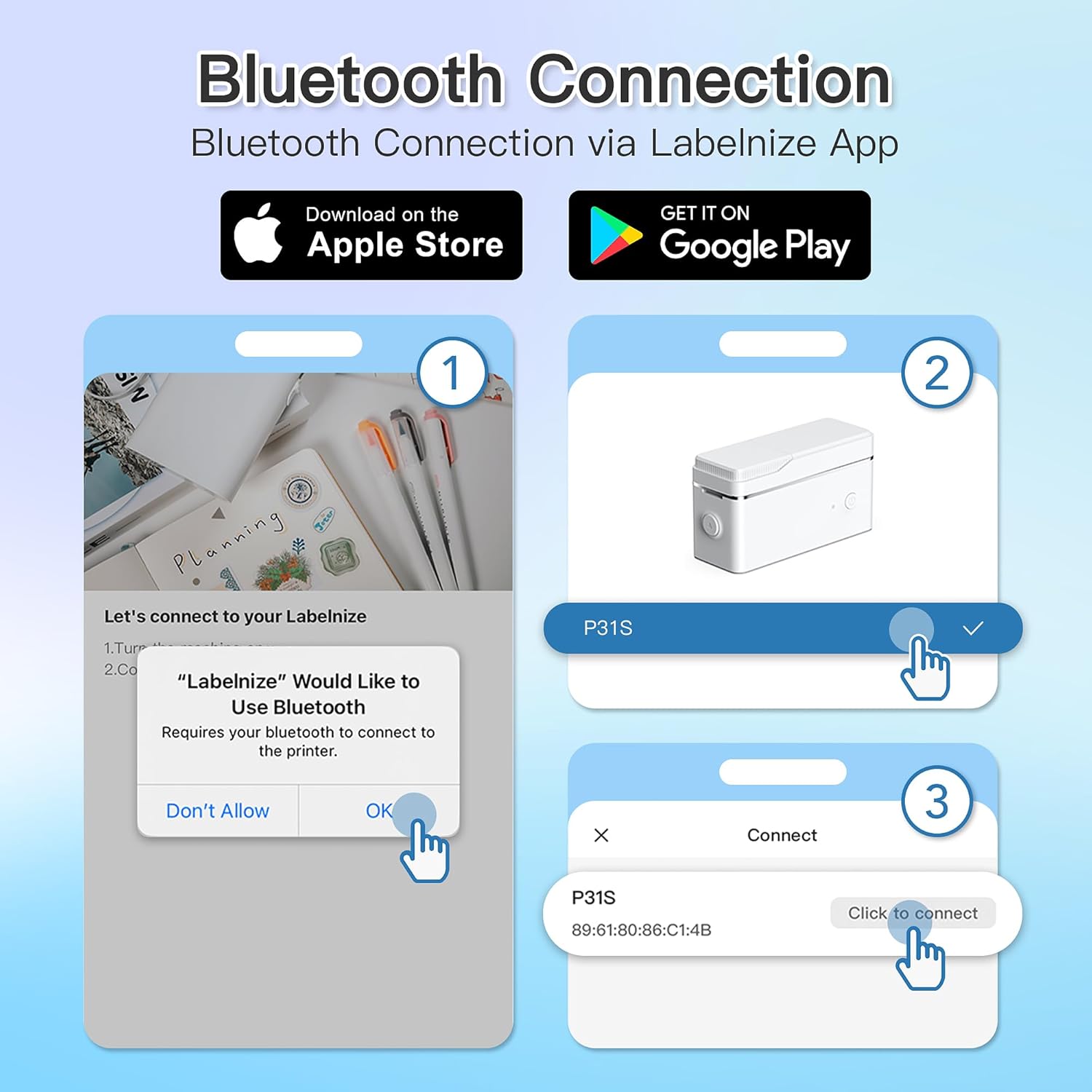 Screenshots showing the process of connecting the POLONO P31S label printer via Bluetooth using the Labelnize app.