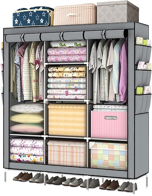 LOEFME Large Fabric Canvas Wardrobe With Clothes Hanging Rail Shelves Storage Cupboard Unit 18 Side Pocket Folding Potable Closet 130 x 45 x 175CM Gray