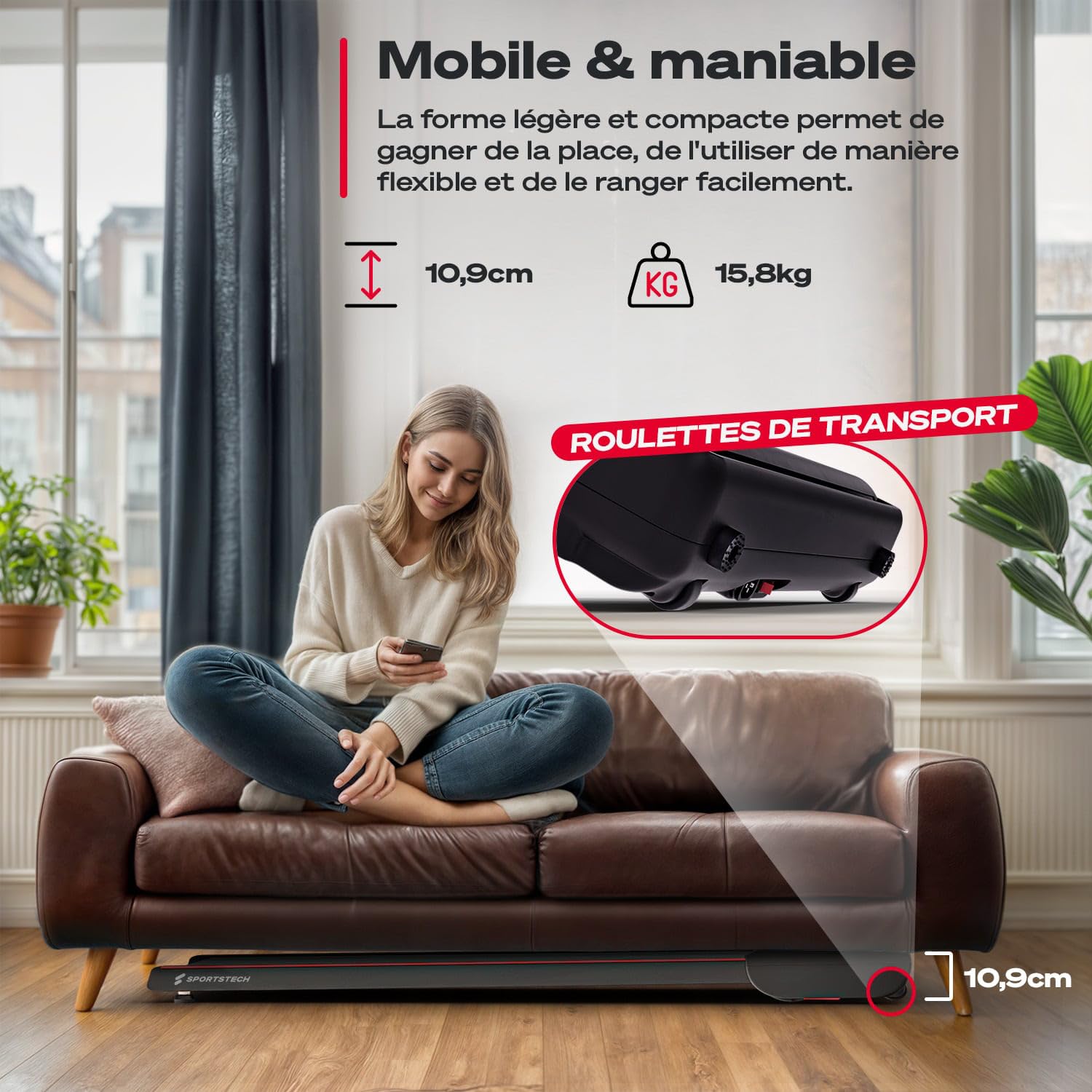 Sportstech Walking Pad Jusqu’à 6 km/h – Inclinaison Manuelle Jusqu’à 5 %, télécommande et Commande Via appli, écran LCD, podomètre, léger et Compact, roulettes de Transport, WalkMate Jusqu’à 120 kg