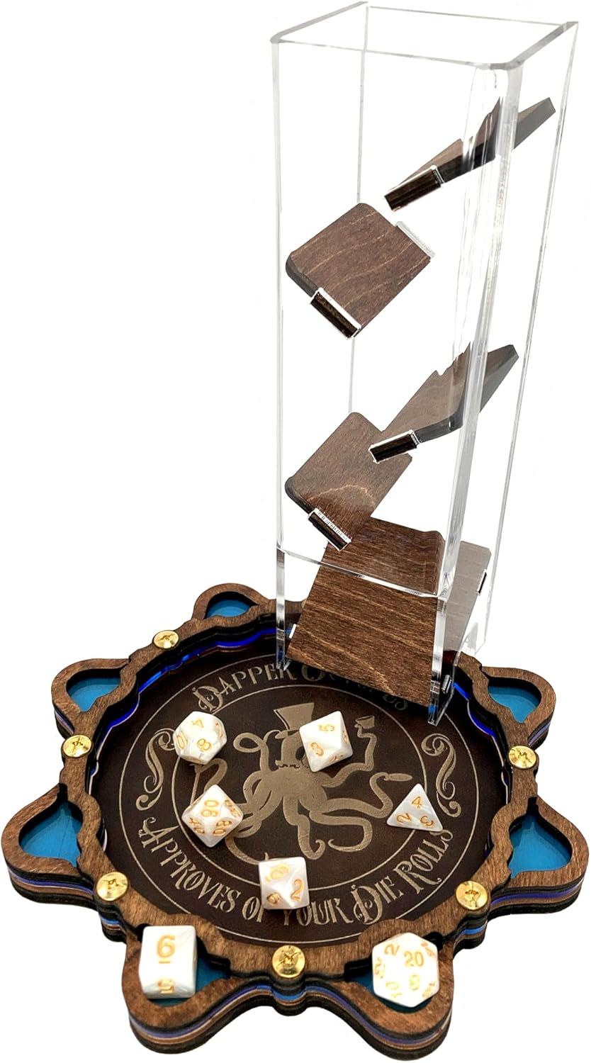 C4Labs Dice Tower & Tray | Clear with Wooden Paddles | Watch The Dice Decide (Gunstock)