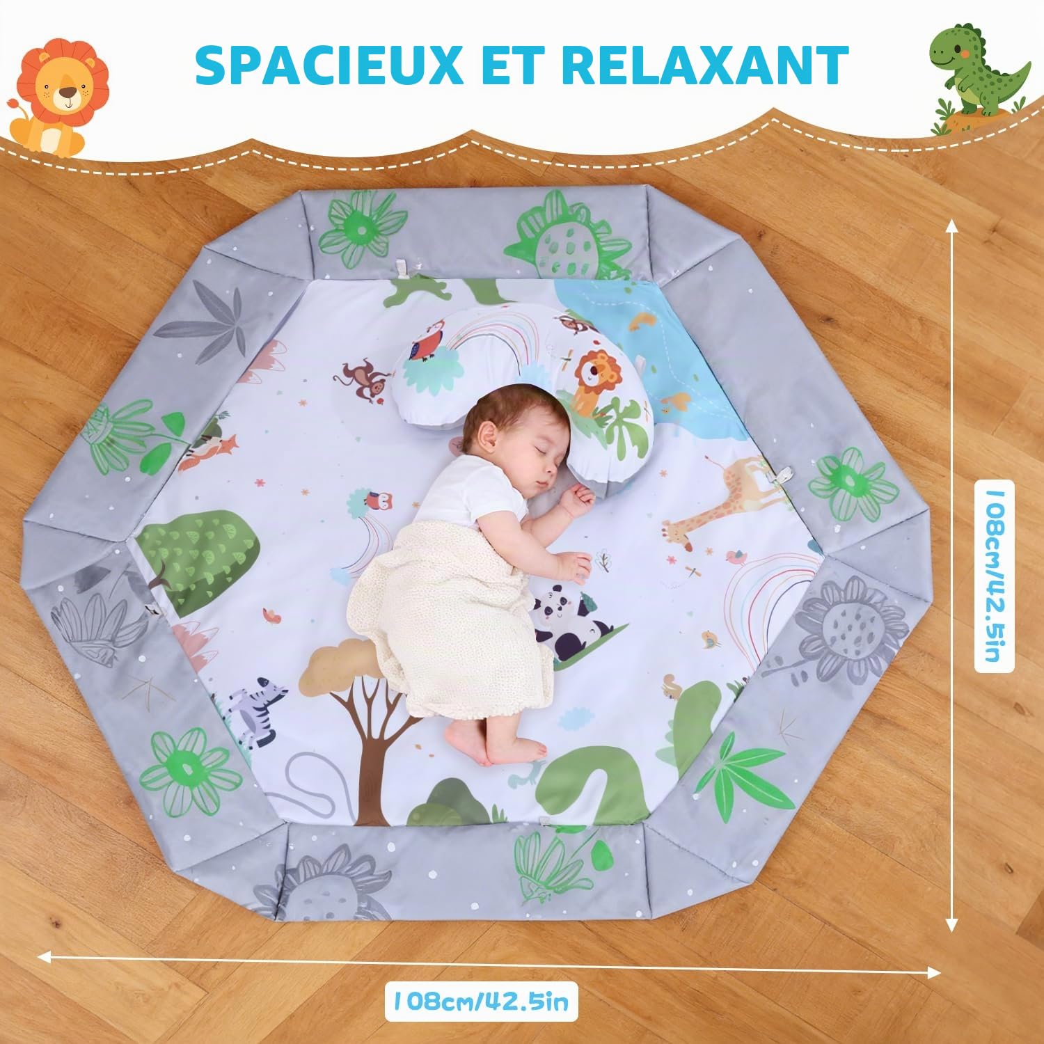 Tapis D'eveil Bebe, Tapis d'activité avec Coussin pour Position Ventrale, 5 Accessoires Sensoriels Amovibles, Lavable et Doux, Tapis DeveIL Bébé Evolutif pour Nouveau-Nés