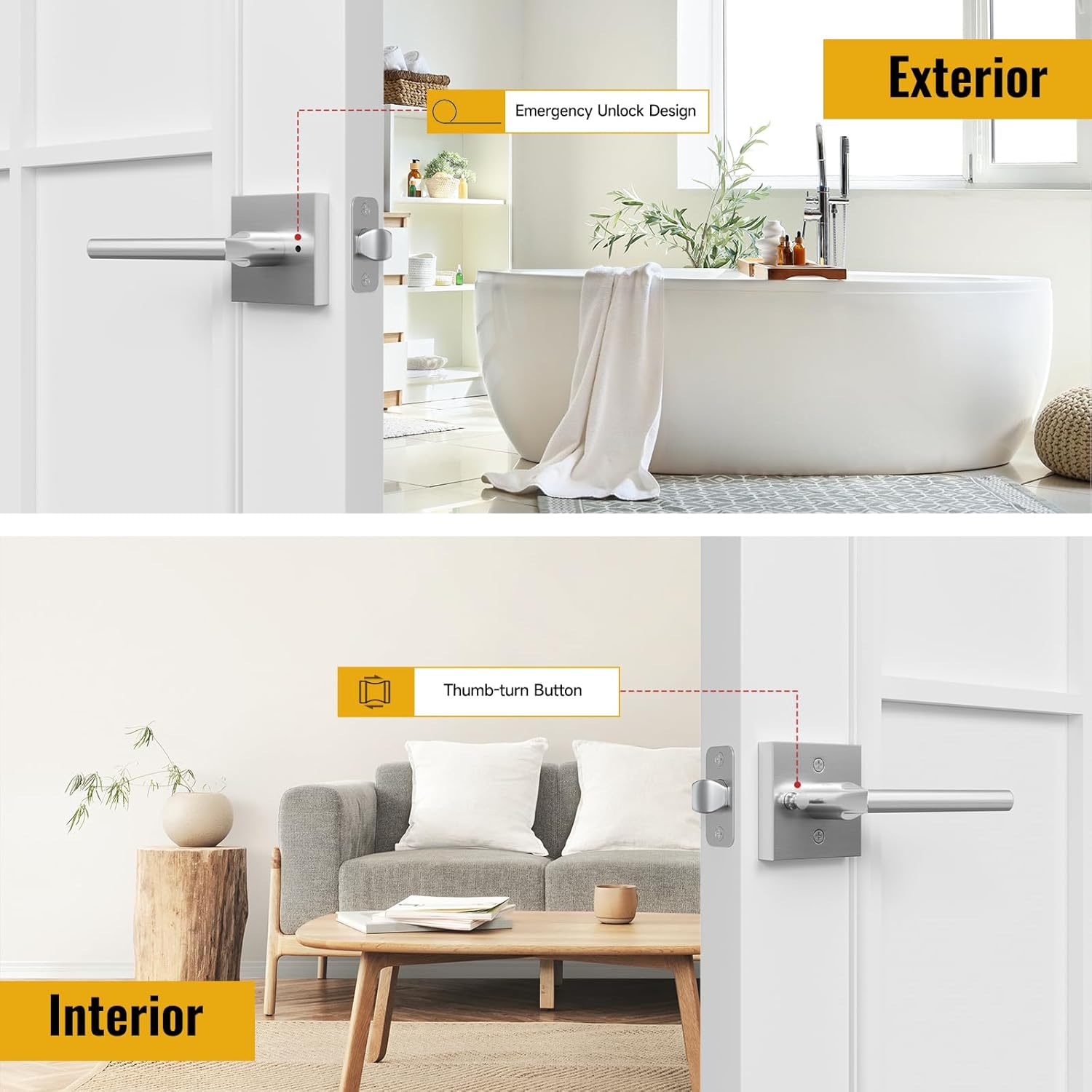 HOSOM 6 Pack Privacy Door Handles Interior for Bedroom and Bathroom, Satin Nickel Interior Door Handles with Lock, Heavy Duty Interior Door Levers, Keyless Reversible Square Door Locks Door Knob