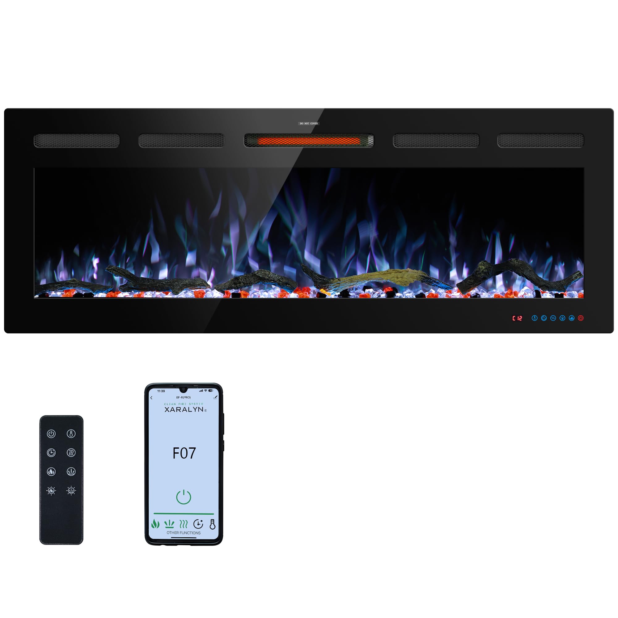 Insertos de chimenea eléctrica WiFi de 45 pulgadas, calentador de chimenea empotrado y montado en la pared con color de llama ajus