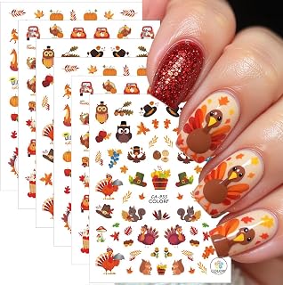 6 Sheets Fall Nail Stickers for Nail Art 3D Self-Adhesive Turkey Nail Art Stickers Thanksgiving Pumpkin Maple Leaf Nail Decals Autumn Nail Design Sticker for Women DIY Nails Decoration