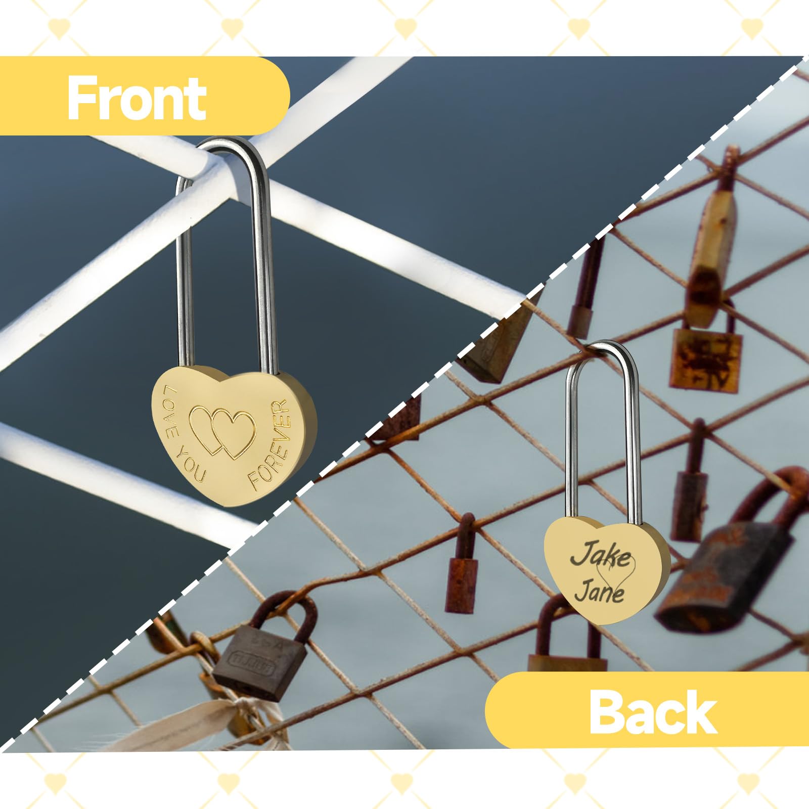 5 candados de latón con corazón único de 3.5 pulgadas, 50 mm, candado de metal grabado Love-You-Forever para puente Lovelock, boda y aniversario (sin llave)