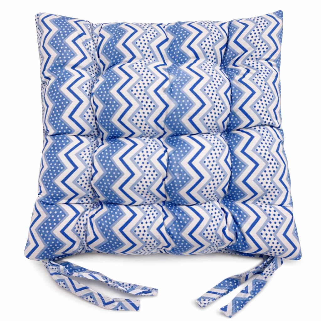 cushion mania Seat Pad Dining Garden Kitchen Chair Cushions Tie On Zigzag โ Padded Square Chair Seat Cushion, Washable, Soft Comfortable Indoor Outdoor Chair Pad (Zigzag Blue, 2) โ image 1
