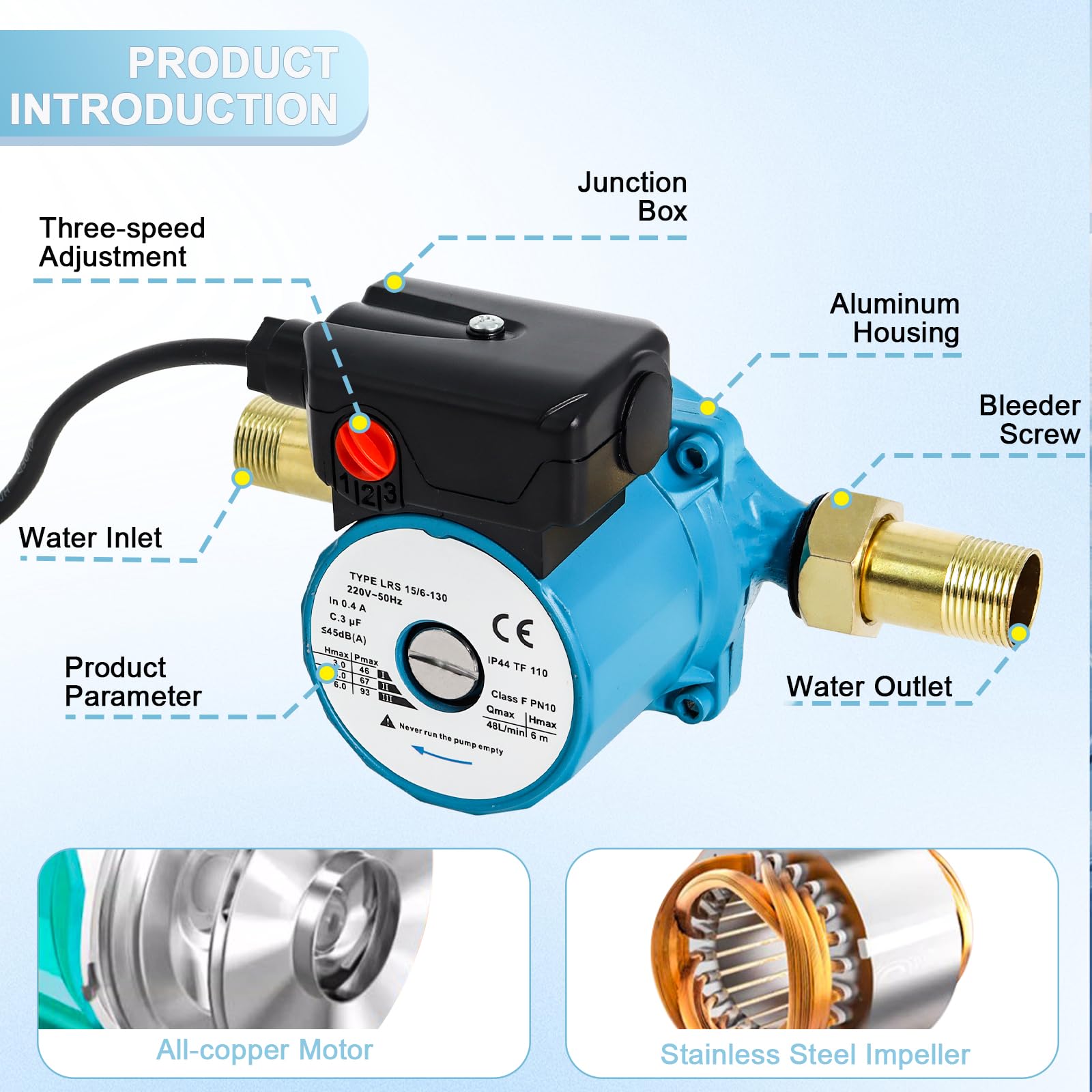 Gekufa Circulateur Chauffage LRS15/6-130, Pompe de Circulation 220V, Circulateur Eau Chaude Sanitaire à Trois Vitesses 46/67/93W, Circulateur Chauffage Central Max Tête 6m
