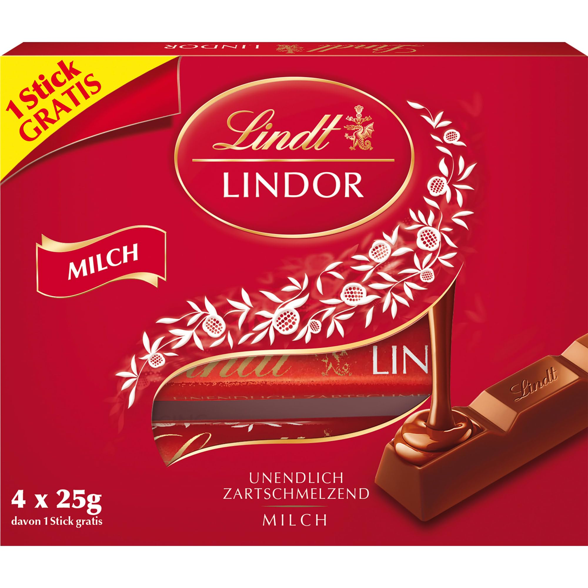 Lindt Schokolade | LINDOR Sticks Milch, Promotion | 100g | 4 LINDOR Sticks Milch mit zartschmelzender Füllung | Schokoladen-Stick
