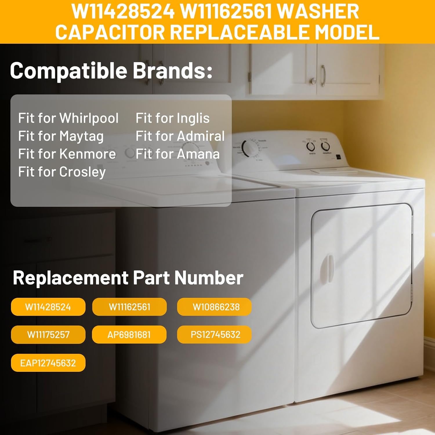 W11428524 W11162561 W10866238 Washing Machine Run Capacitor Replacement for Whirlpool Washer Capacitor, Replace W11175257 AP6981681 PS12745632 EAP12745632, Fit for Whirlpool Maytag Kenmore