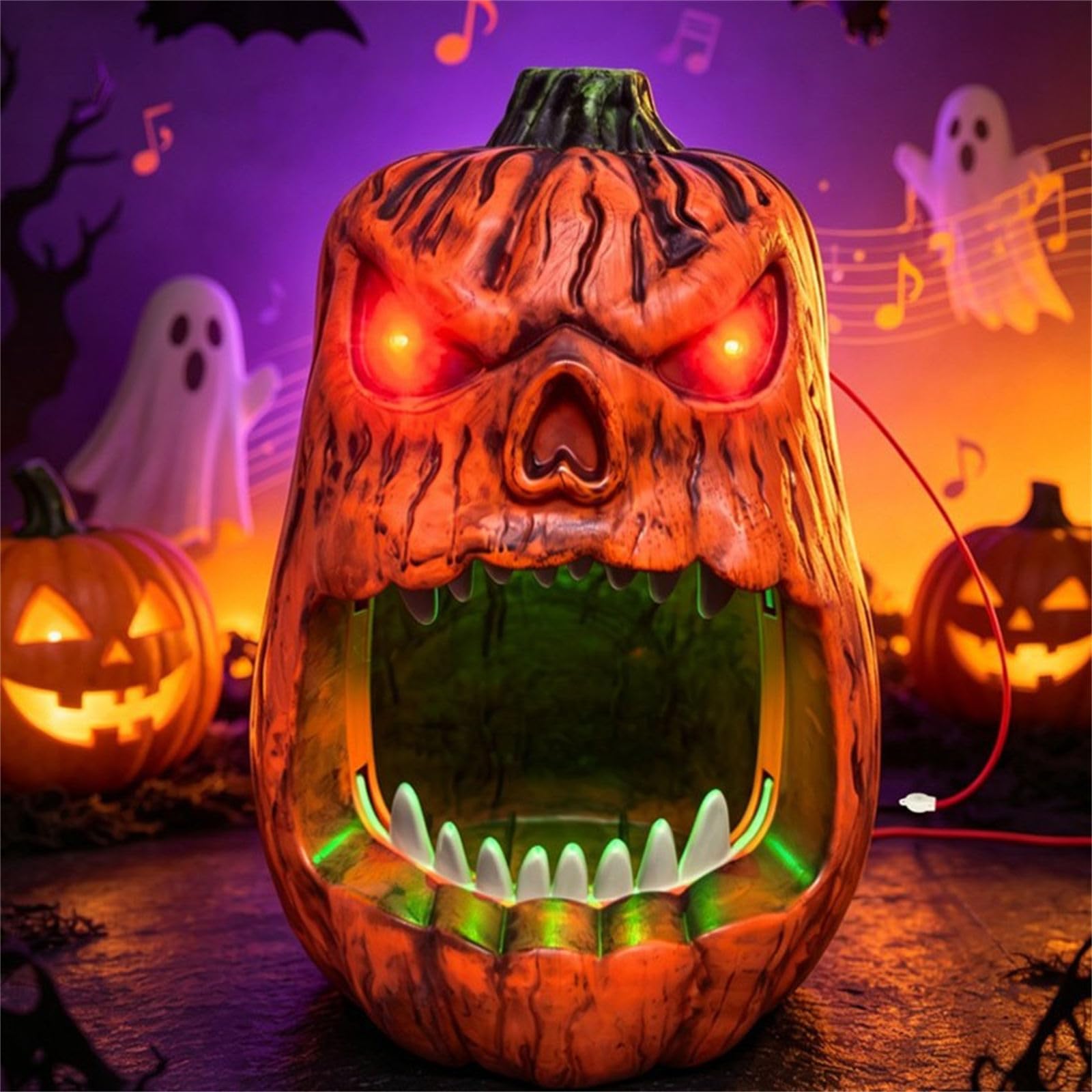Caja de almacenamiento de caramelos de PVC impermeable con cara de calavera iluminada activada por sonido para decoración de Halloween