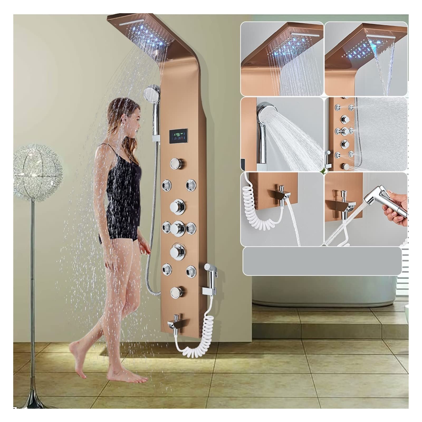 Soywim 8009 Rose Gold Shower System, Black Led Shower Panel Six Functions Waterfall Bathroom Faucet Spa Massage Jet Tub Mixer Sprayer(8009 Rose Gold)