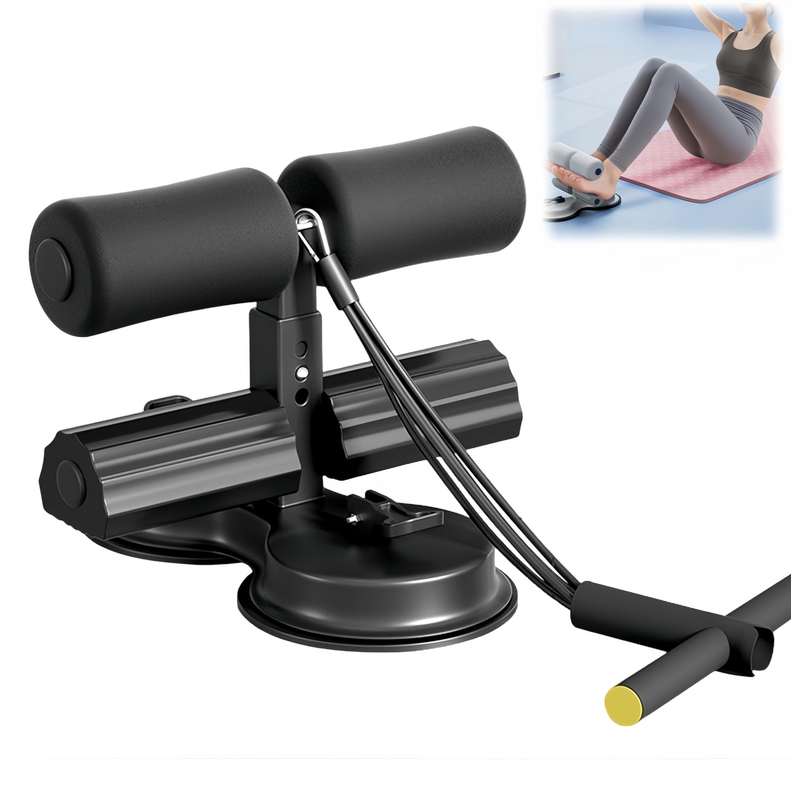Portable Adjustable Sit-Up Floor Holder - 3-Level Height Adjustable Abdominal Trainer with Secure Suction Base for Home Gym, Core Workouts & Full-Body Exercise (Black)