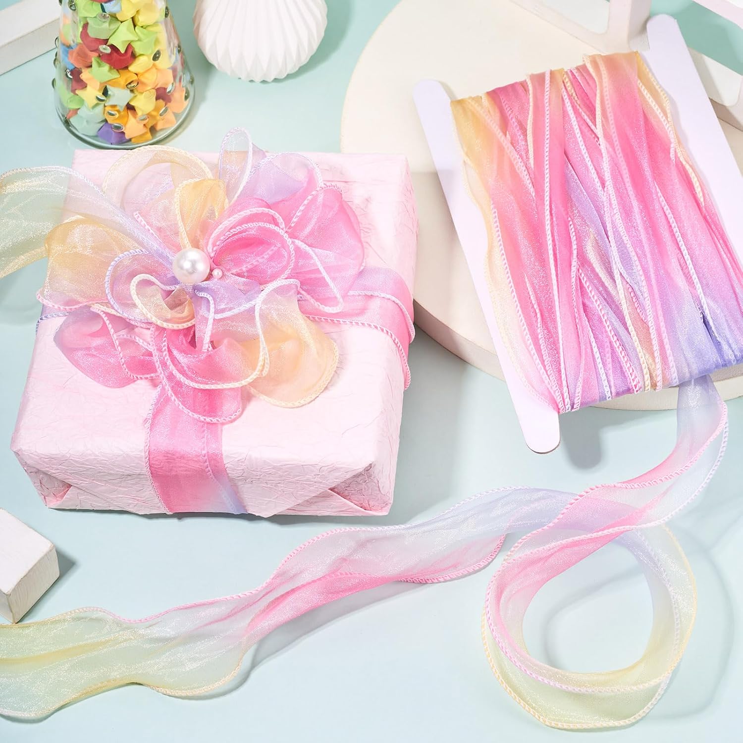 KISSITTY 10.94 Yards Iridescent Organza Polyester Ribbons 2-1/8Inch Rainbow Sheer Organza Ribbon Wired Chiffon Ribbon Shimmer Band Rainbow Satin Ribbons for Gift Wrapping Craft Party Decoration image 2
