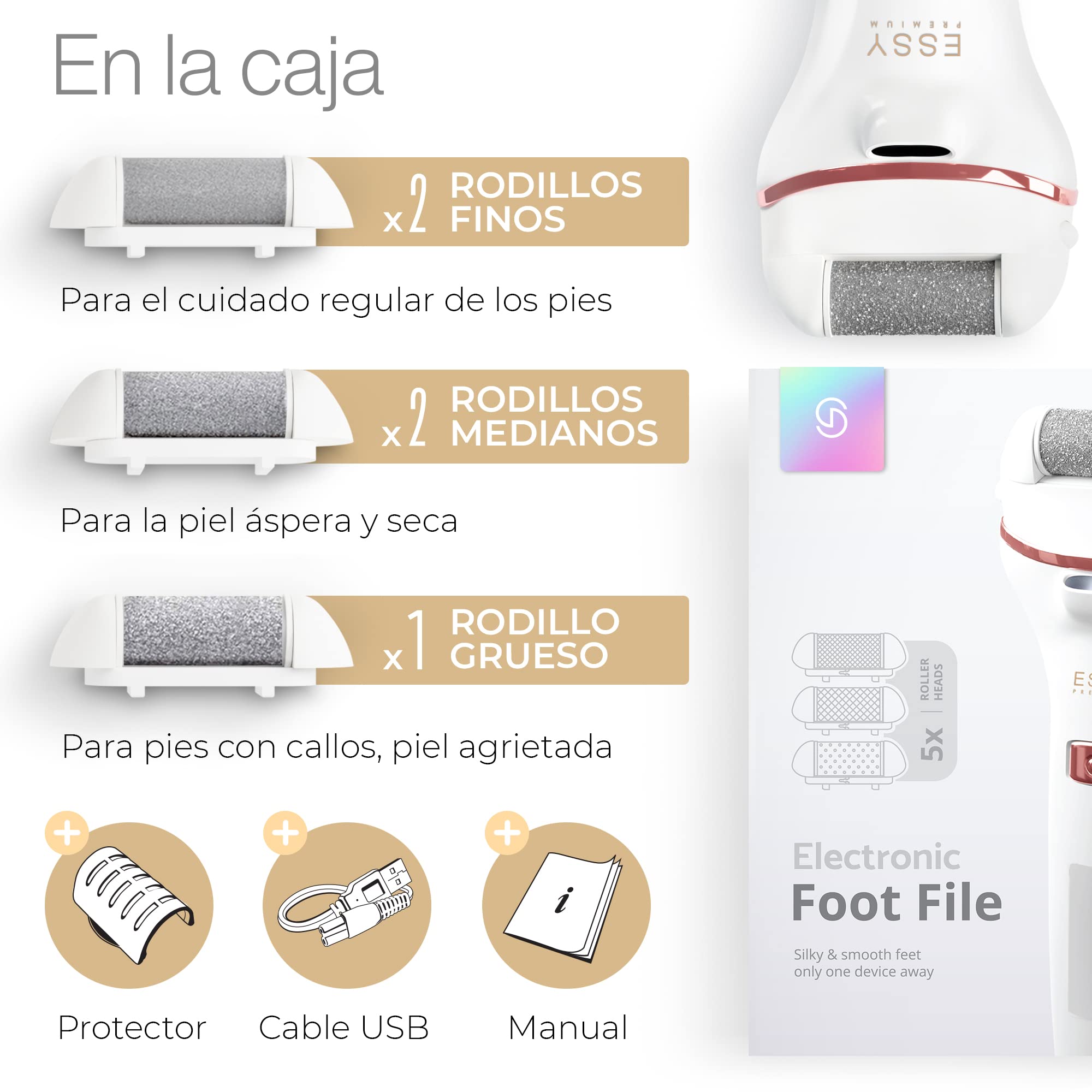 Essy Lima Eléctrica para Pies con 5 Rodillos de Repuesto – Removedor de Callos Recargable, 2 Velocidades, Pantalla LED, Carga USB, Kit de Pedicura (Blanco)