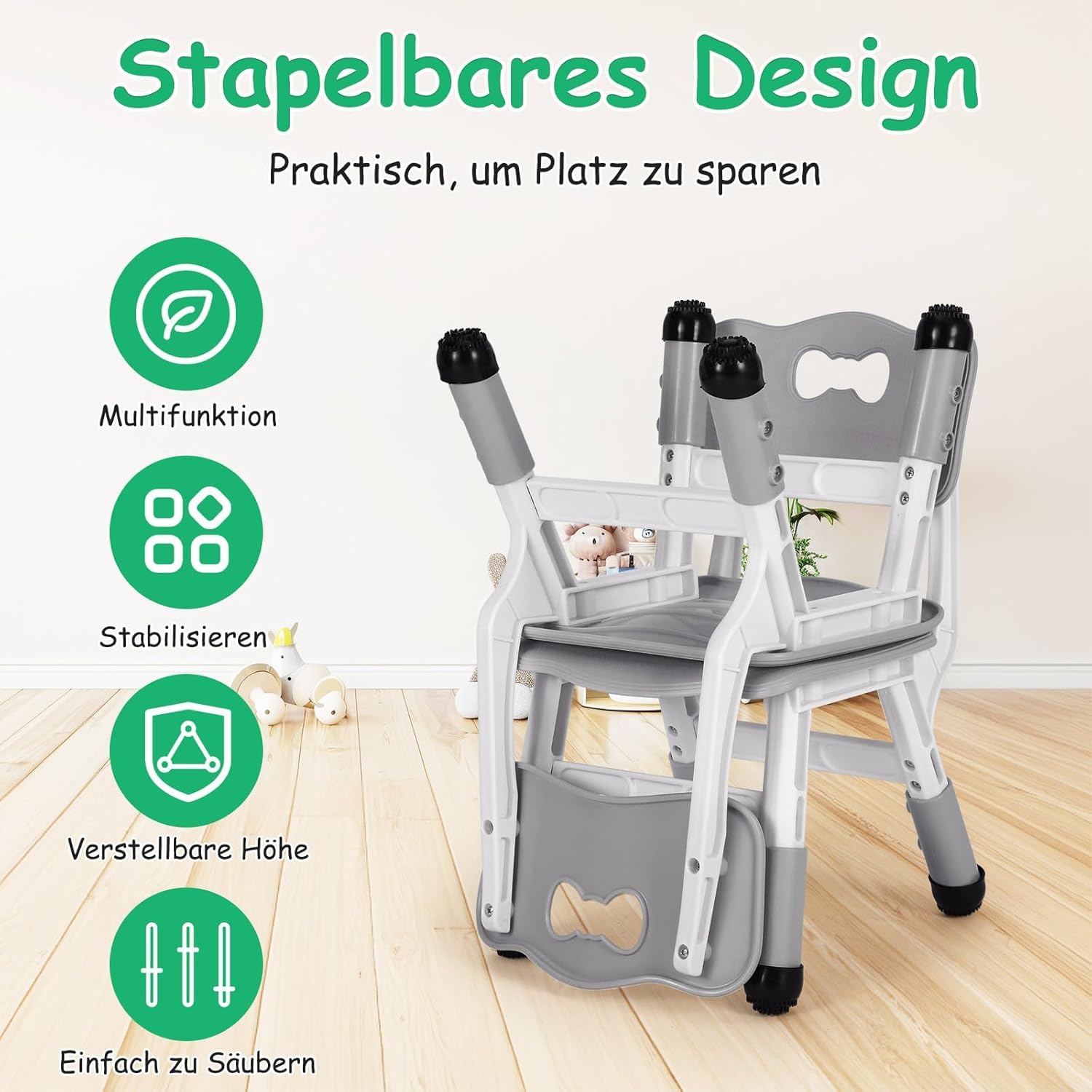 4PCS Sedia Bambini Plastica, Sedie per Bambini Regolabile in Altezza, Sediolina Portata 100kg, Sgabello da 2 Anni, Sedia da Scrivania per Bambini per la Cameretta, Scuola, Asilo Nido, Grigio