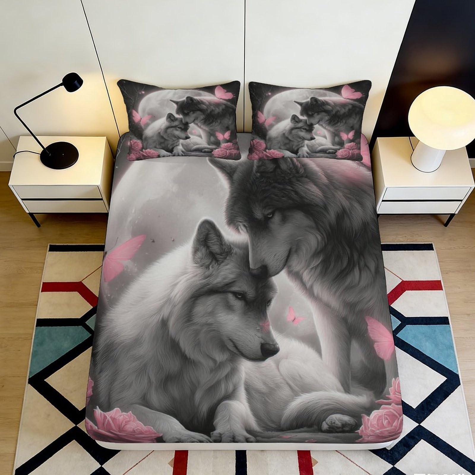 3D Printed Wolf Girl Fitted Sheet Microfiber Deep Pocket Bedroom Bedding Wolf Mattress Fitted Cover Non-Slip Washable for Adults Teens 200x200x25cm