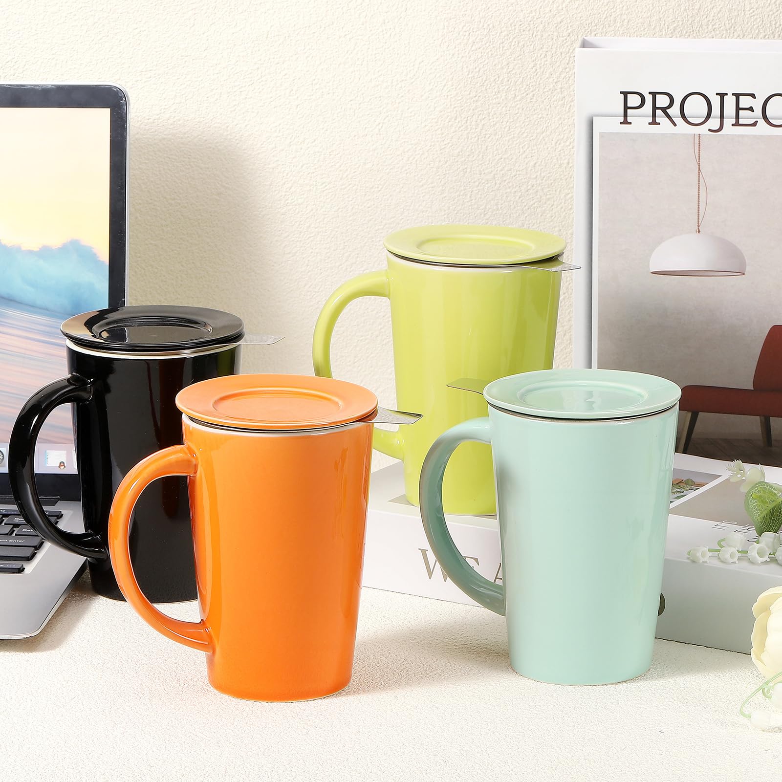 QUARKZMAN 16.2 Oz Tazza Da Tè In Porcellana Con Infusore E Coperchio Nero