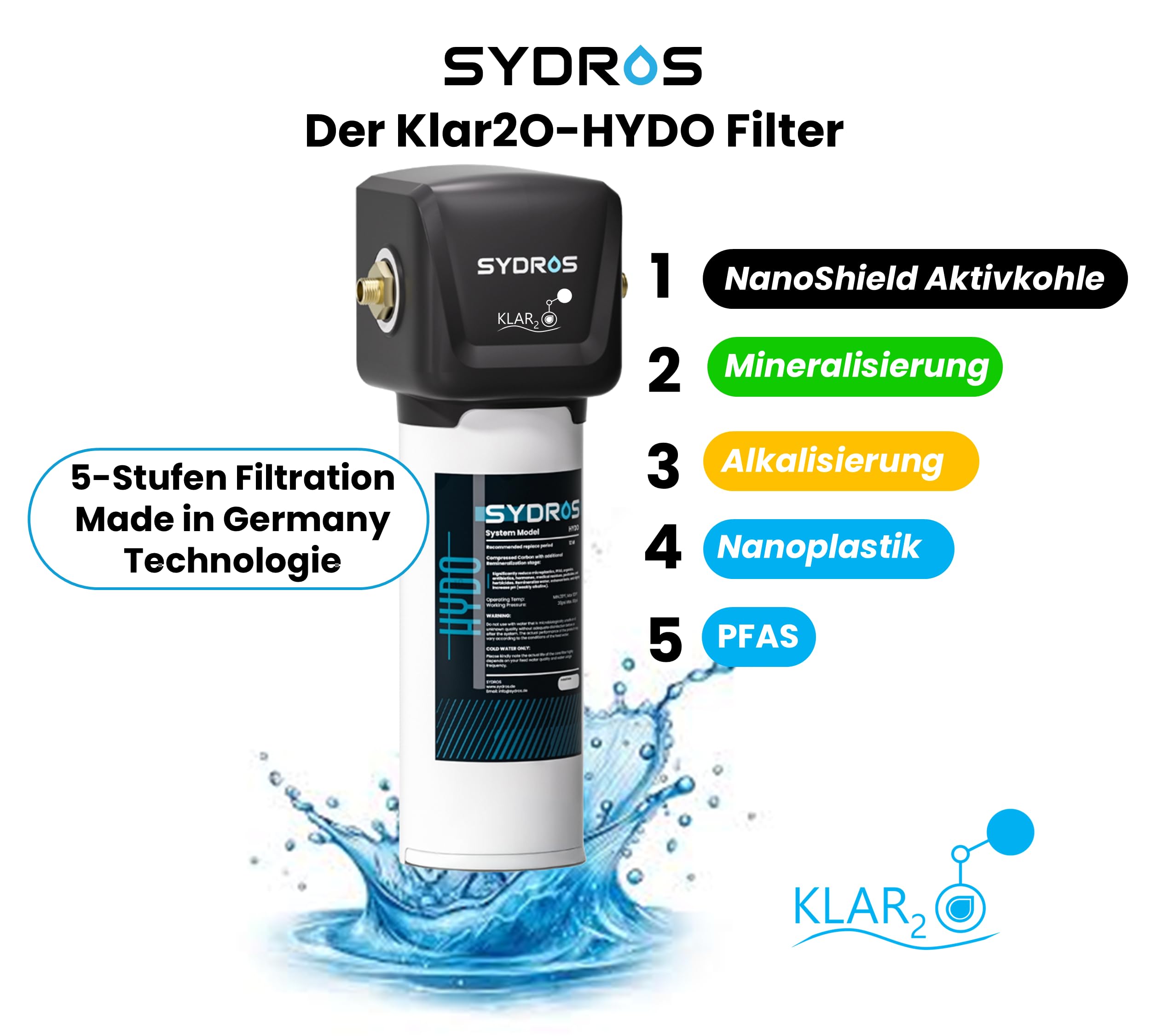 Sydros Hydo Wasserfilter – filtert über 500 Schadstoffe inkl Mikroplastik, Chlor & PFAS + Re Mineralisierung für reines & gesundes Trinkwasser, 3-Stufen Filter