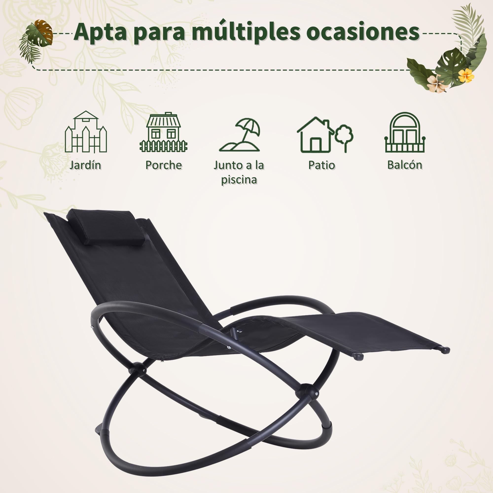 Outsunny Tumbona Mecedora de Jardín Plegable con Reposacabezas Extraíble Sillón Tumbona Ergonómica de Exterior Tela de Texteline para Patios Piscina al Aire Libre 154x80x84 cm Negro