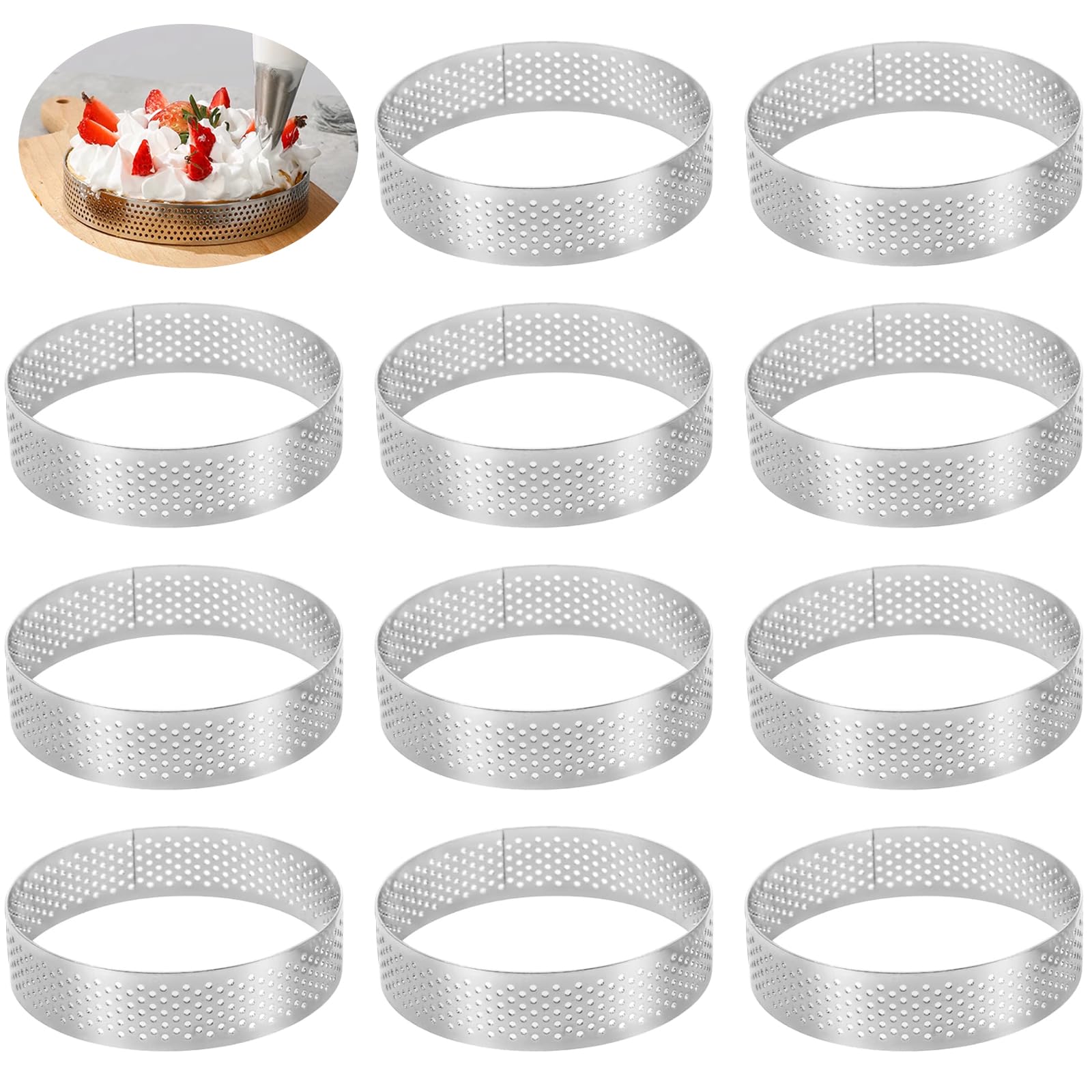 Lot de 16 anneaux à tarte perforés en acier inoxydable de 5 cm, anneaux à tarte perforés pour gâteau, mousse, pâtisserie, gâteau, dessert, anneau en acier inoxydable anti-adhésif pour la fabrication