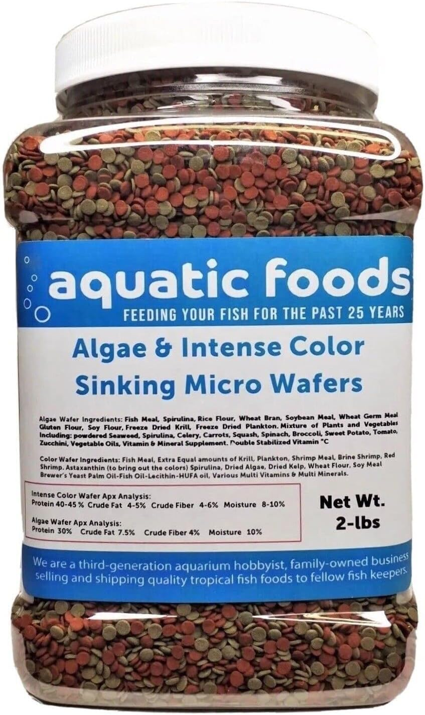 Aquatic Foods Inc. 3.5mm - 1/8" Micro Wafer Mix of Spirulina Algae & Intense Color Enhancing Sinking Micro Wafers for Catfish, Plecos, Bottom Fish, Shrimp, Crabs, All Tropical Fish..2-lb Med Jar